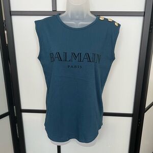 Balmain Sz 36 Women's Teal Velvet Logo Gold Button Sleeveless Tee Top Blouse